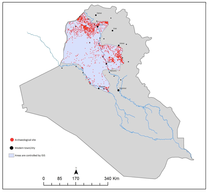 Map of Iraq showing archeological sites positions relative to modern towns and cities